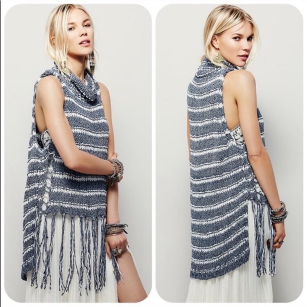 Free People Striped Grey and White Folksong Fringe Knit Boho Cowl Neck Sweater
